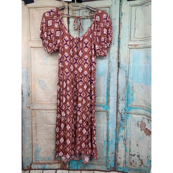 Knox Rose Womans M Cognac Midi Dress Balloon Sleeves Rayon Pockets NEW - Picture 5 of 10